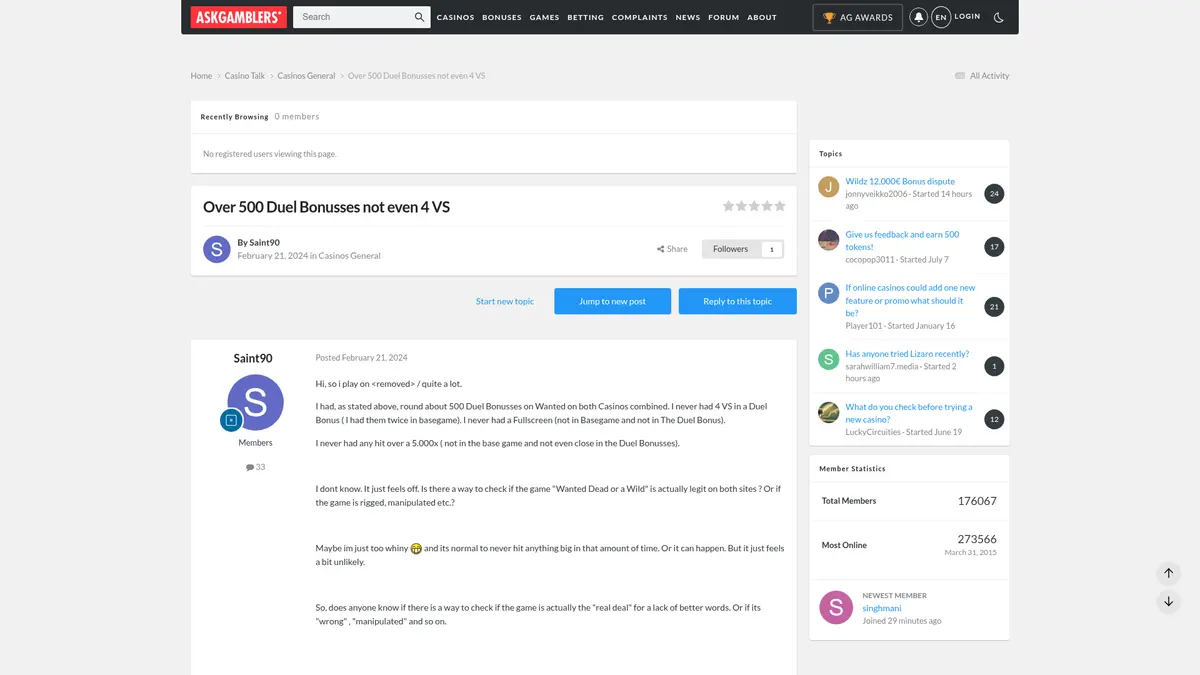 AskGamblers forum thread about Duel captured July 2026, where a player questions bonus hit rates after roughly 500 Duel bonuses, posted February 2024 in the Casinos General board