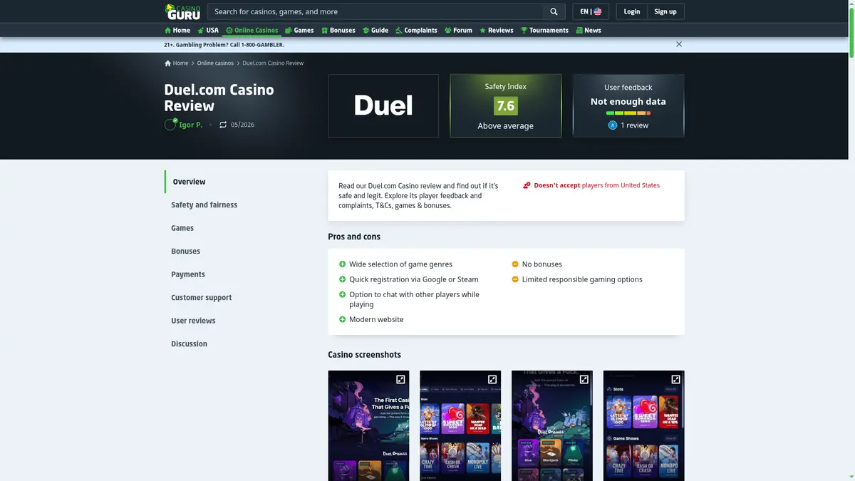 Casino.Guru review page for Duel captured July 2026, showing a Safety Index of 7.6 rated Above average, with pros including wide game selection and quick registration, and cons including no bonuses and limited responsible gaming options