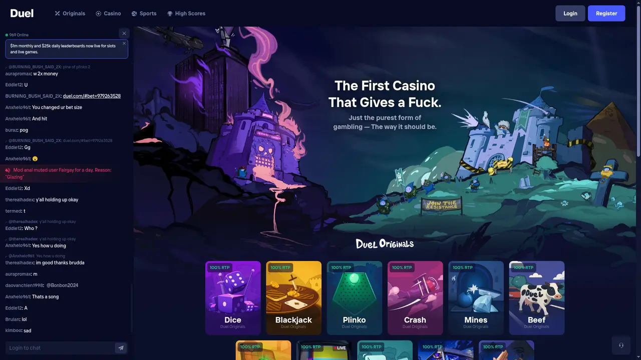 Duel casino homepage screenshot captured July 2026, showing Duel Originals games such as Dice, Blackjack, Plinko, Crash, and Mines each displaying an RTP badge, plus an active public chat with 969 players online