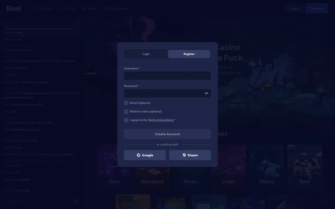 Duel casino registration modal captured July 2026, showing only a username field, a password field, an optional email checkbox, and an optional referral code checkbox, with no identity document upload of any kind