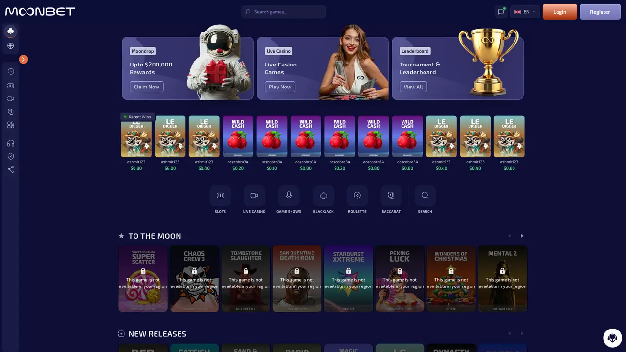 Moonbet live casino lobby screenshot captured July 2026, showing the Moondrop rewards banner, live recent wins feed, and game library with slots, live casino, and table game categories