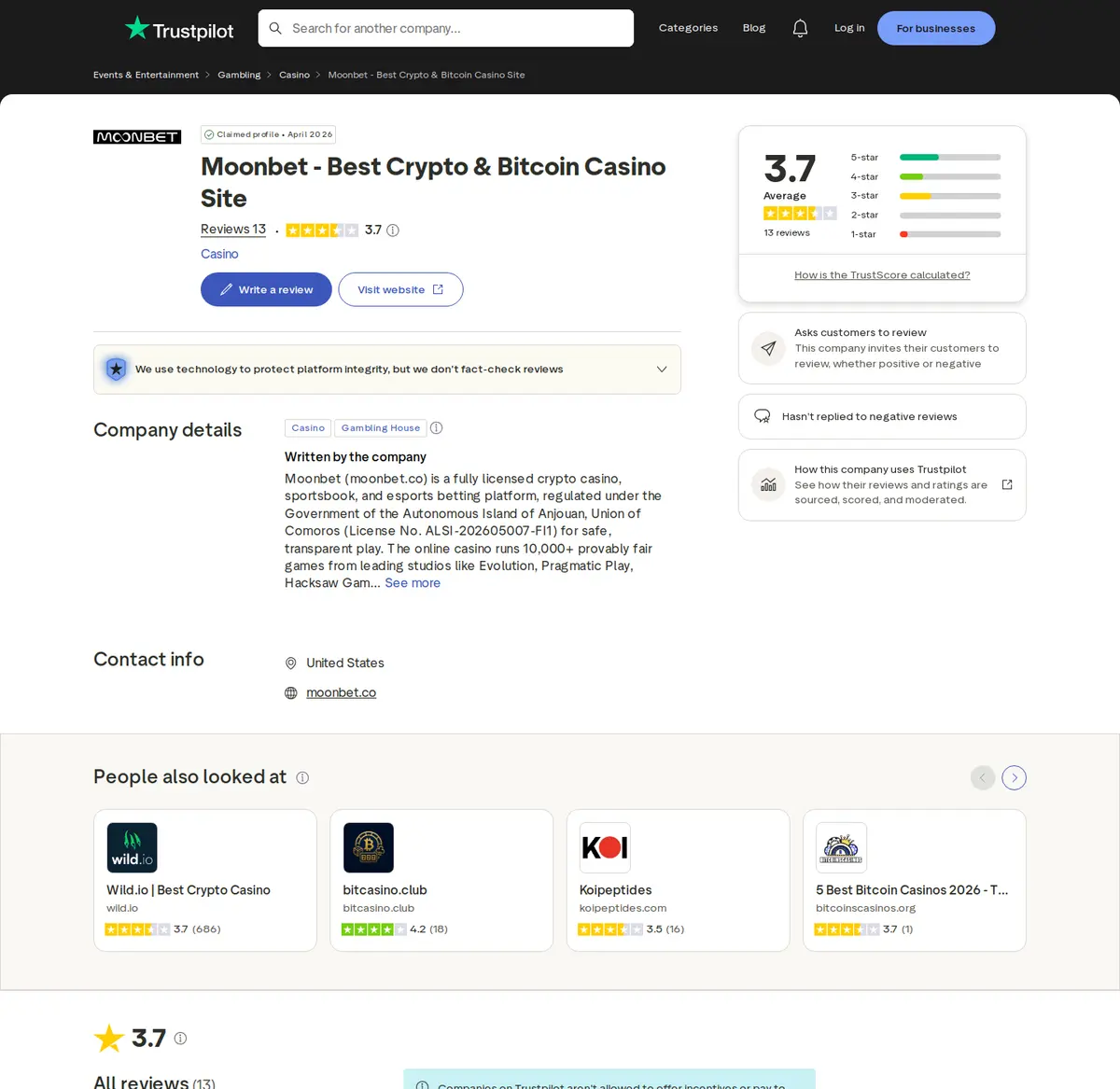 Trustpilot review page for Moonbet captured July 2026, showing a 3.7 out of 5 average rating from 13 reviews, a claimed profile, and company details listing the Anjouan license